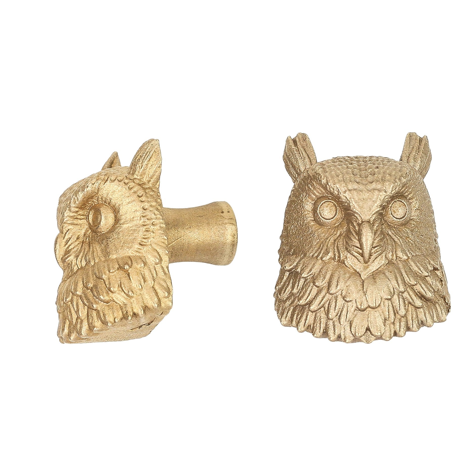 Owl brass cabinet knob and coat hook, cut out on white, one in profile, one facing front with ear tufts