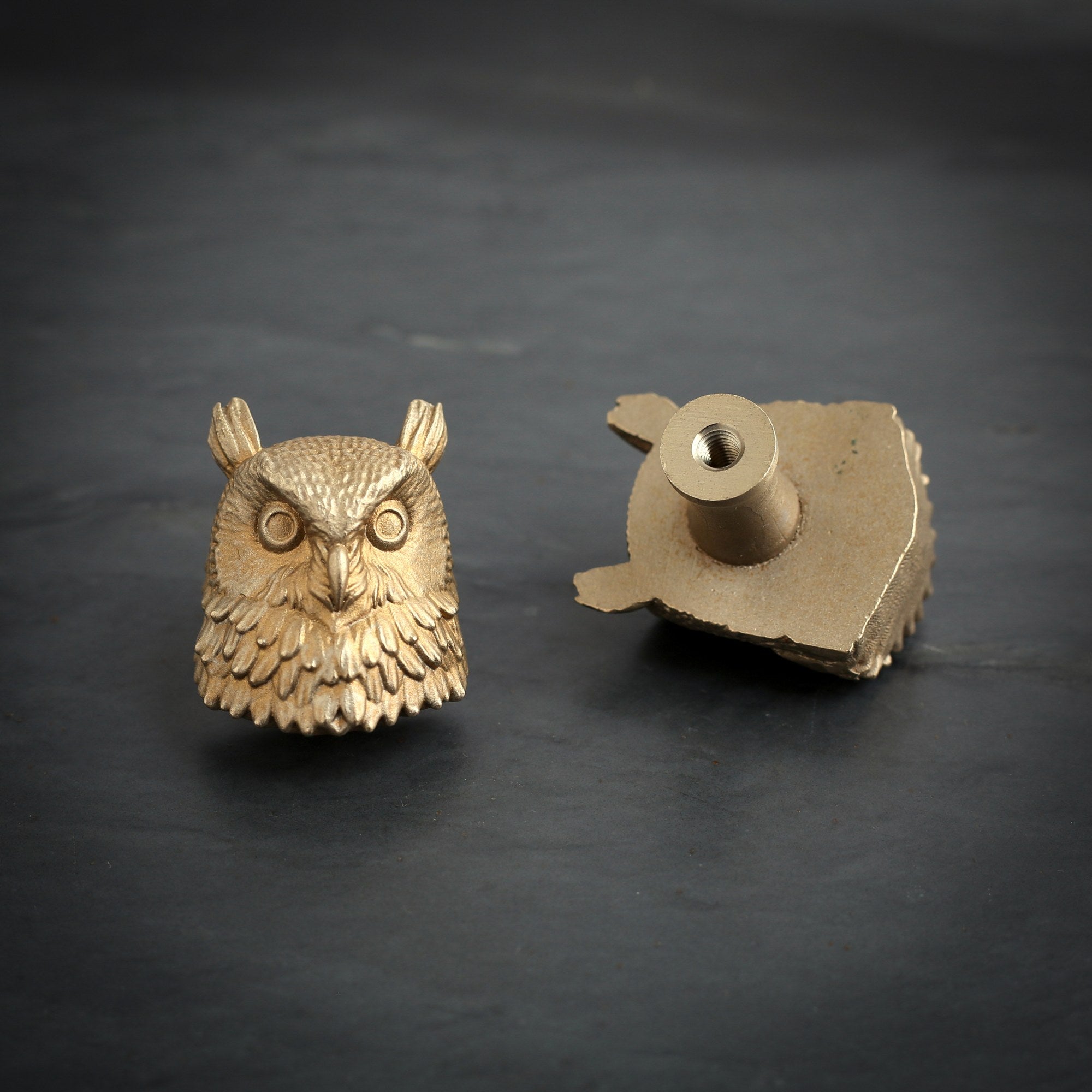 Owl brass cabinet knob and coat hook on dark slate, one facing front, one turned to show the threaded back