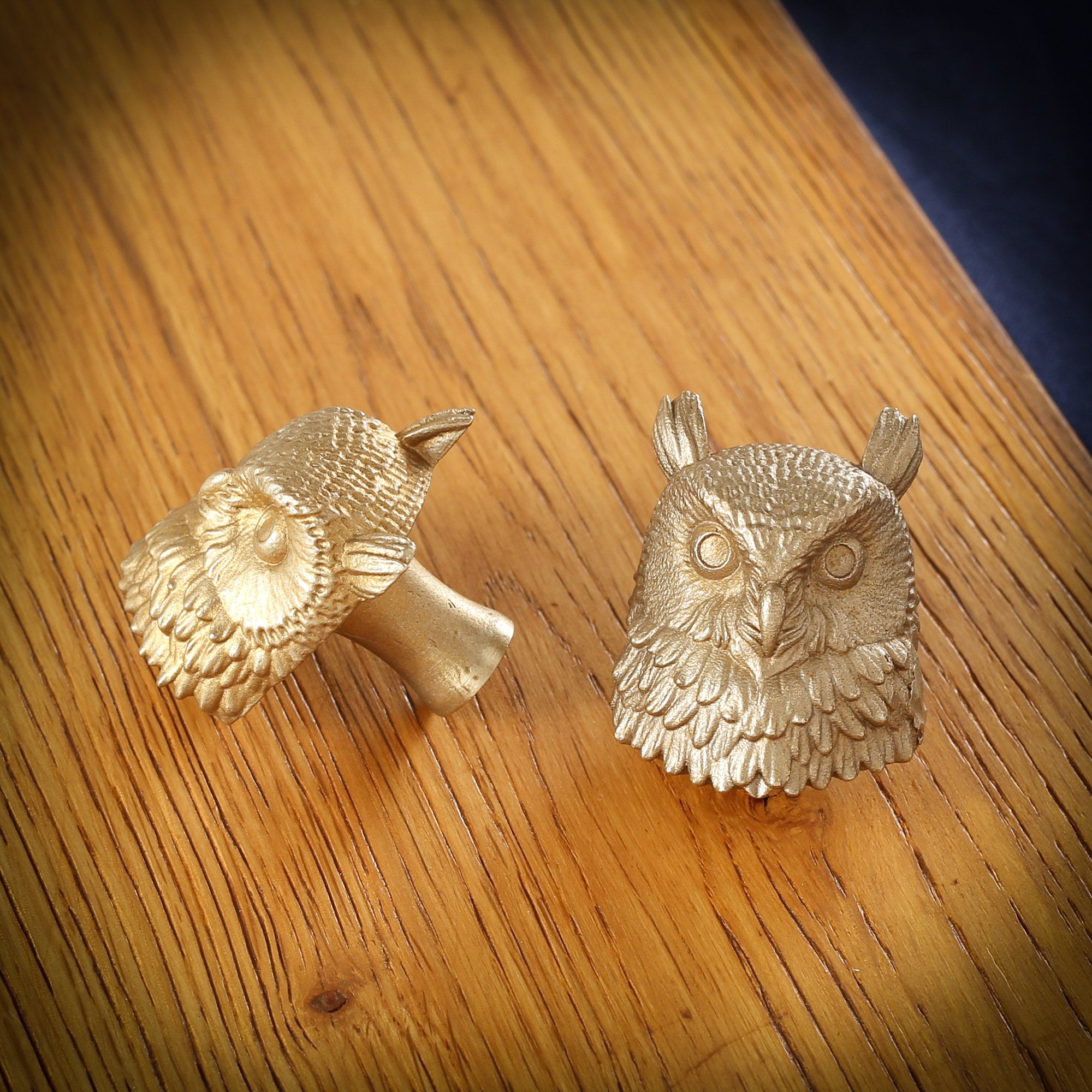 Owl brass cabinet knob and coat hook on an oak board, one on its side showing the stem, one facing front