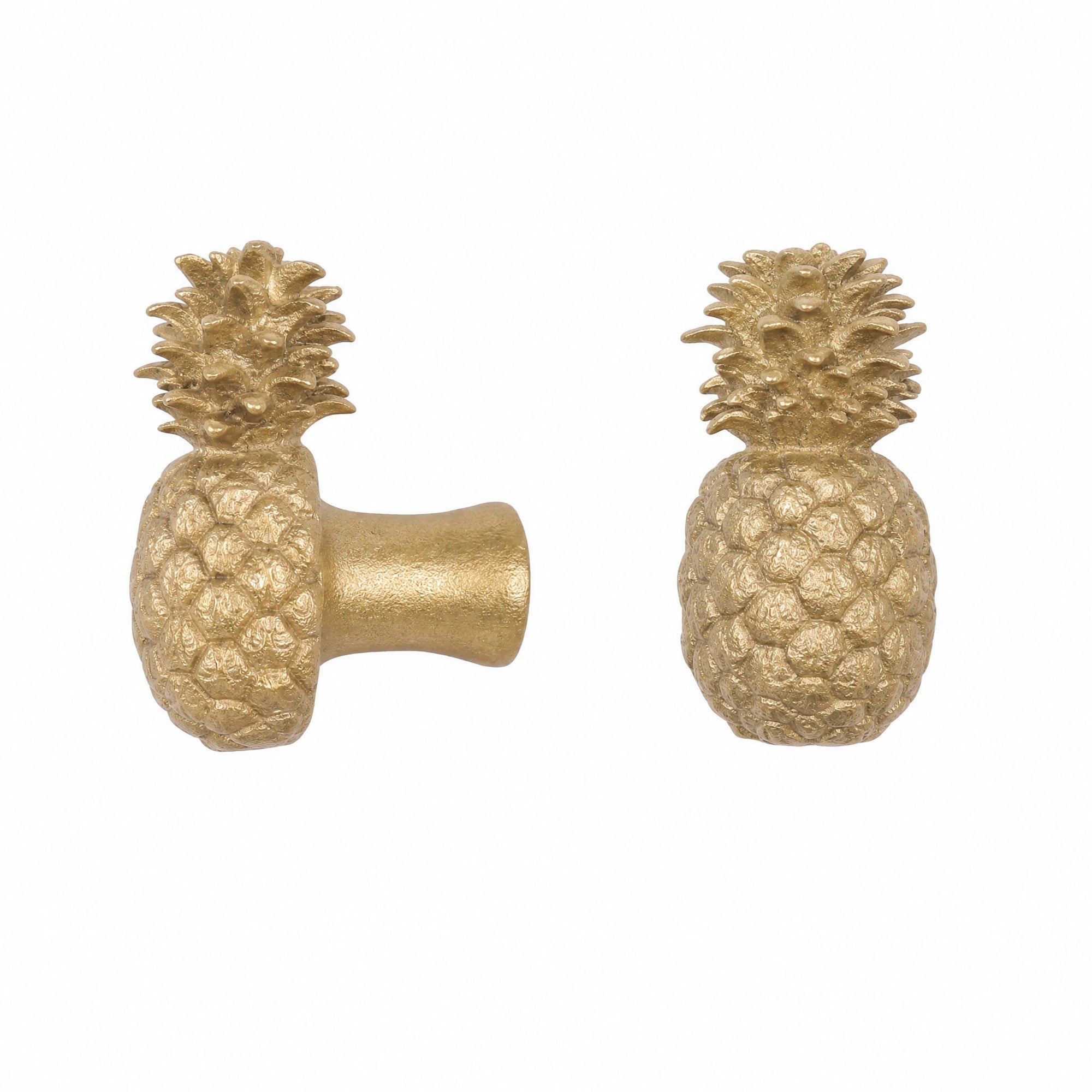 Pineapple brass cabinet knob and coat hook, cut out on white, one on its side showing the stem, one upright facing front