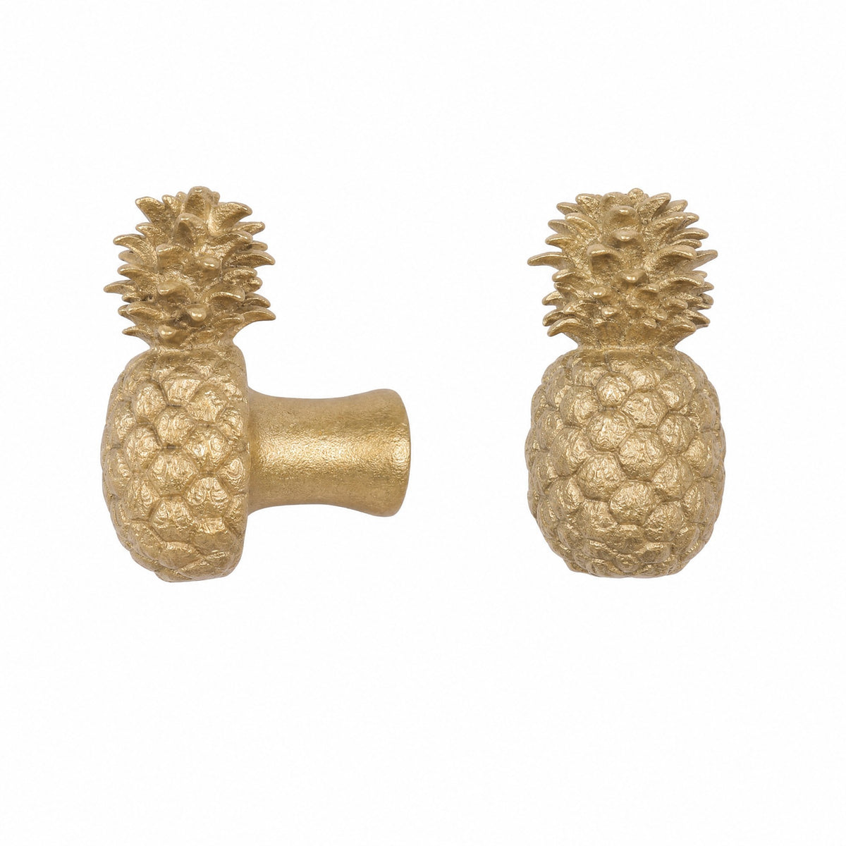 Pineapple brass cabinet knob and coat hook, cut out on white, one on its side showing the stem, one upright facing front