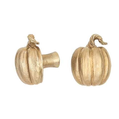 Pumpkin brass cabinet knob and coat hook, cut out on white, one side on to show the stem, one front on with a twisted stalk