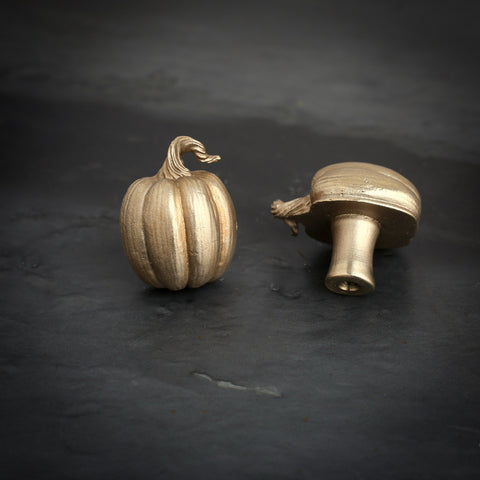 Pumpkin brass cabinet knob and coat hook on dark slate, one upright with ribbed sides, one on its side showing the stem