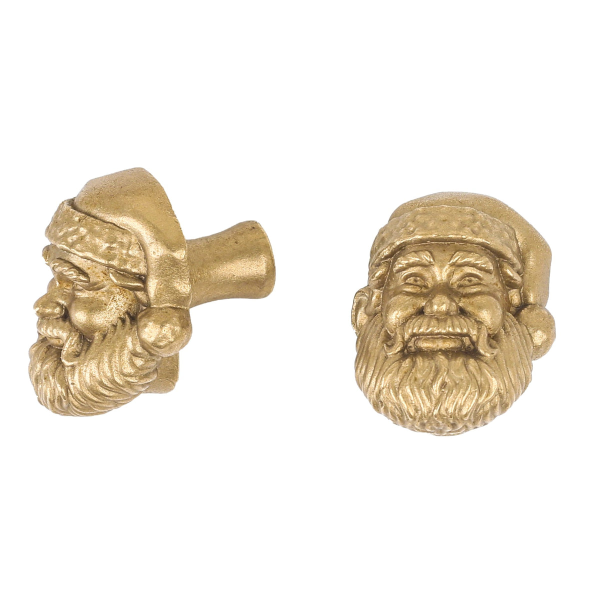 Santa brass cabinet knob and coat hook, cut out on white, one in profile, one facing front with a bobble hat and beard