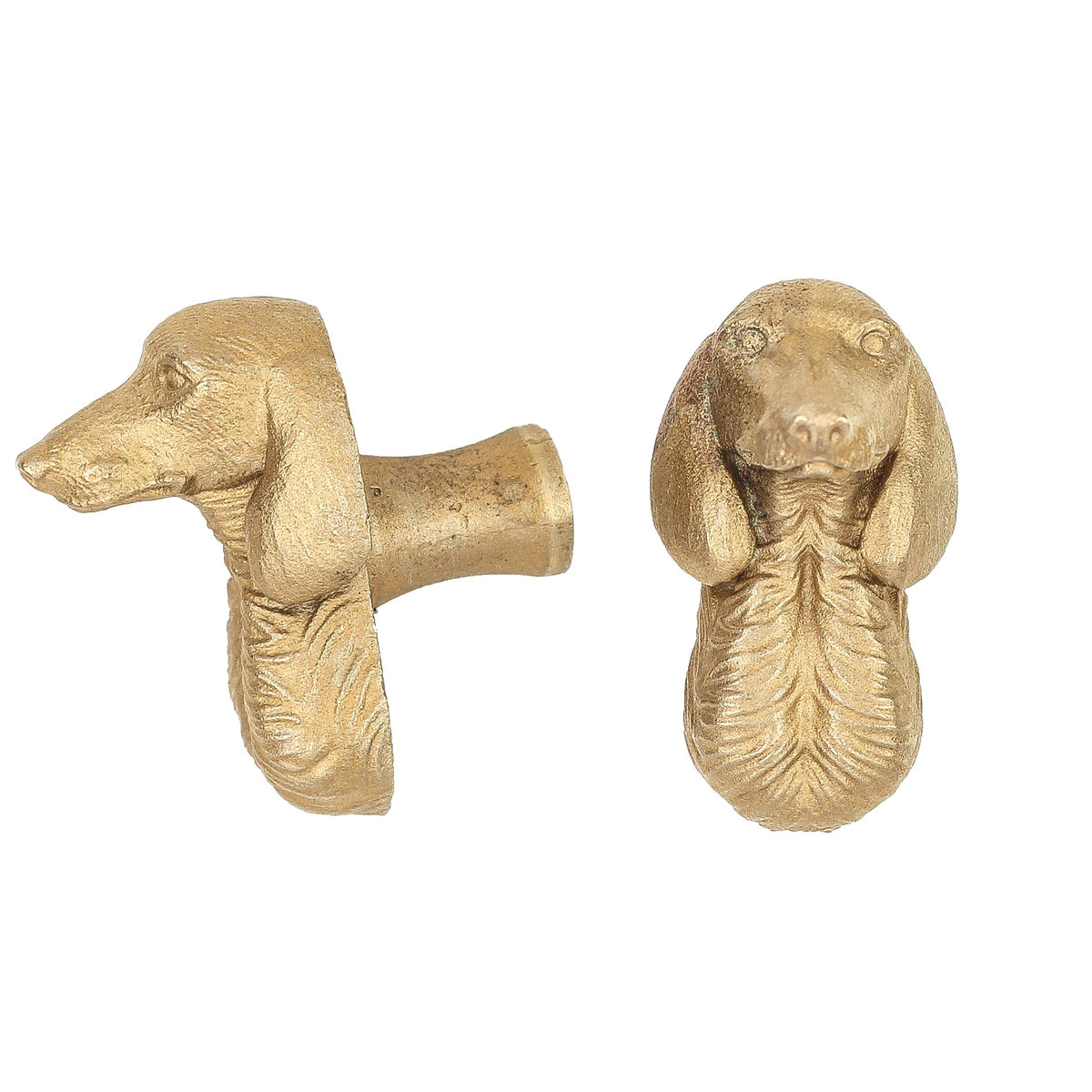 Short-Haired Dachshund brass cabinet knob and coat hook, cut out on white, one in profile, one facing front with long ears