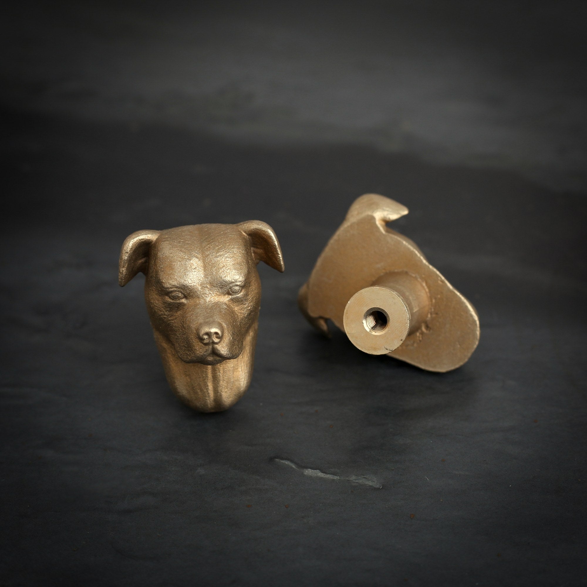 Staffordshire Bull Terrier brass cabinet knob and coat hook on dark slate, one facing front, one turned to show the threaded back