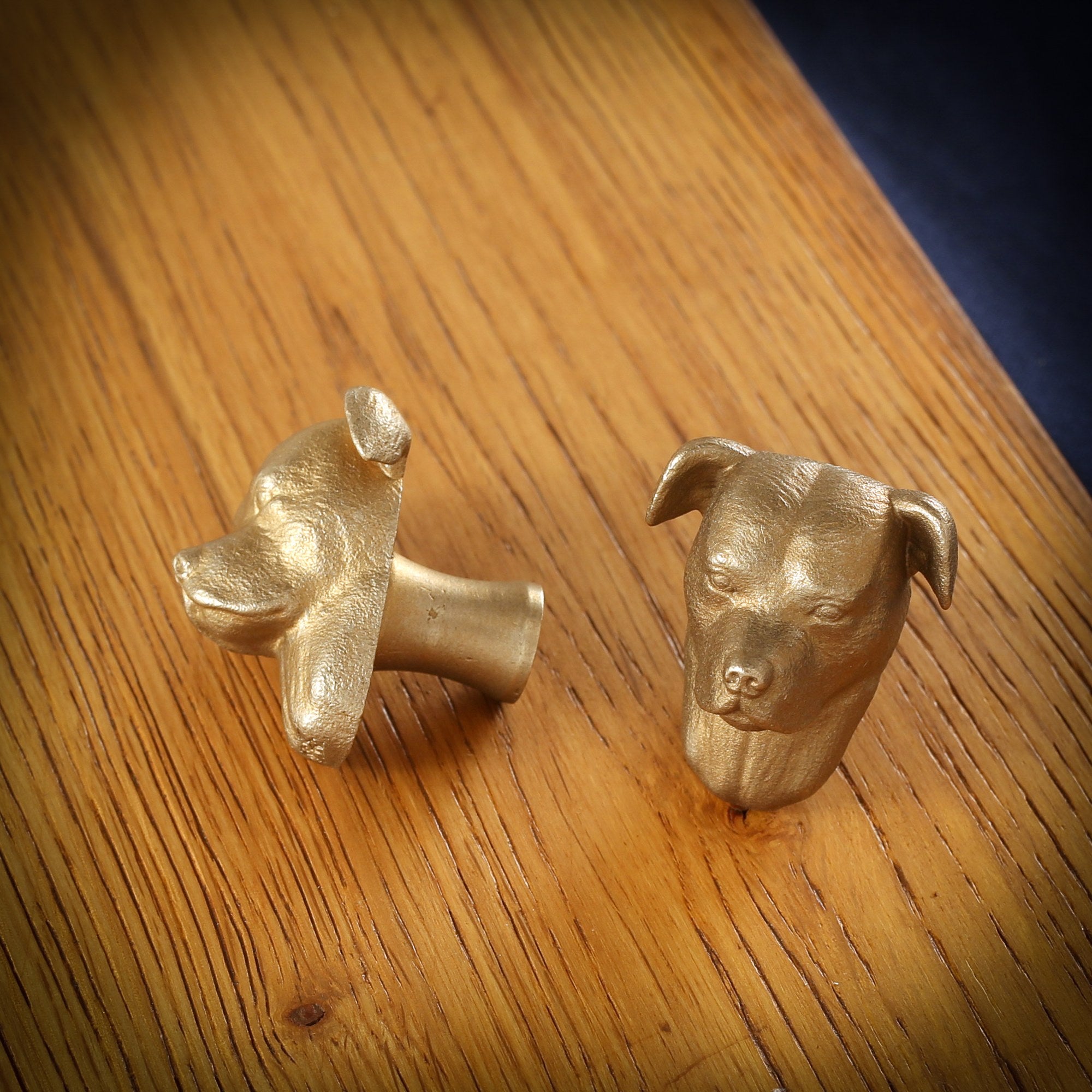 Staffordshire Bull Terrier brass cabinet knob and coat hook on an oak board, one on its side, one facing front