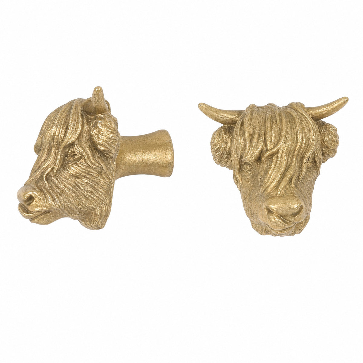 Highland Cow brass cabinet knob and coat hook with its tongue out, cut out on white, one in profile, one facing front