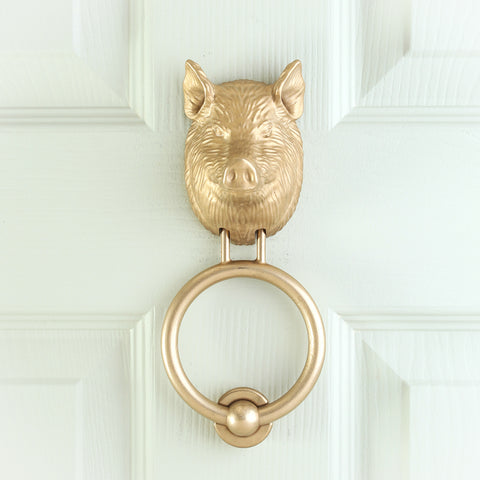 Yorkshire Pig brass door knocker on a pale front door, straight on