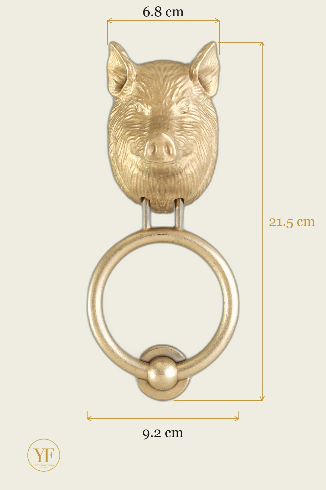 Yorkshire Pig door knocker dimensions: head 6.8 cm wide, 21.5 cm overall, 9.2 cm ring