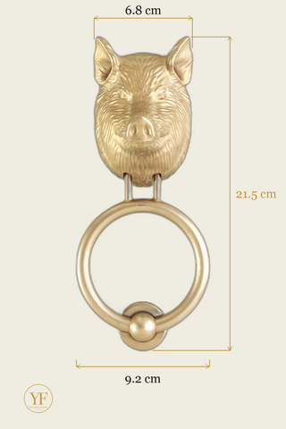 Yorkshire Pig door knocker head dimensions: head 6.8 cm wide, 21.5 cm overall on the standard 9.2 cm ring